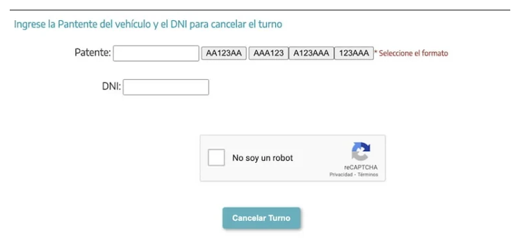 Pantalla para cancelar el turno de la VTV en Hurlingham con patente y DNI